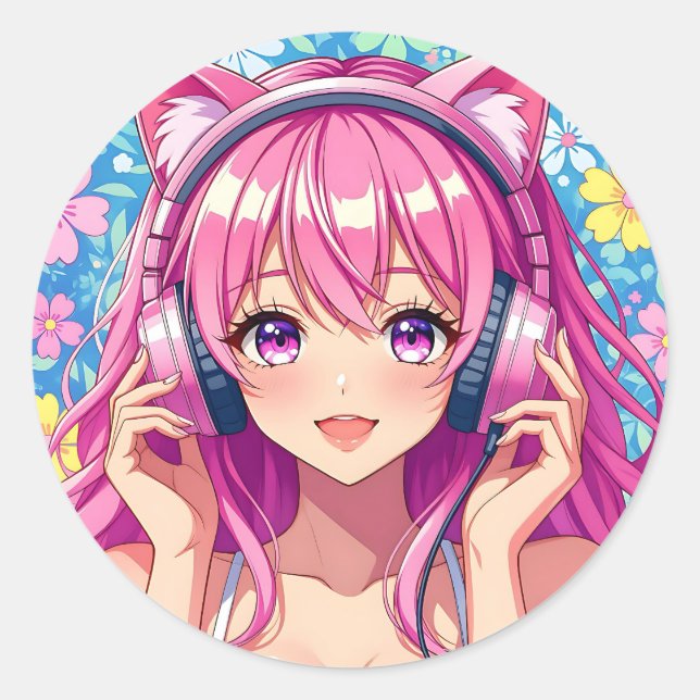 Pegatina Redonda Cute Pink Anime Girl with Headphones (Anverso)