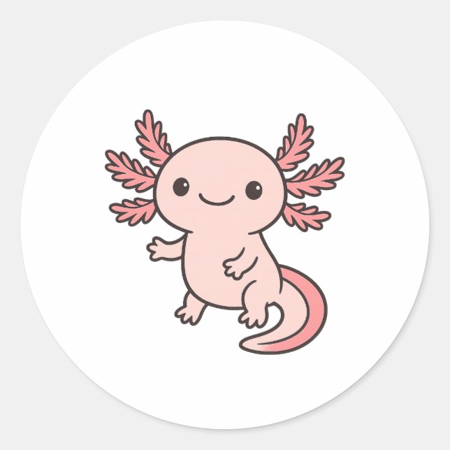 Pegatina Redonda Cute Pink Axolotl Cartoon – Adorable Kawaii Salama (Anverso)