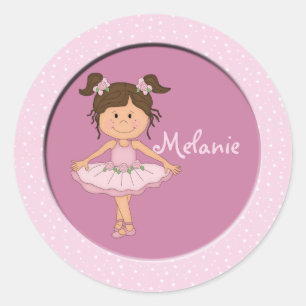 Pegatina Redonda Cute Pink Ballerina 3 Nombre personalizado