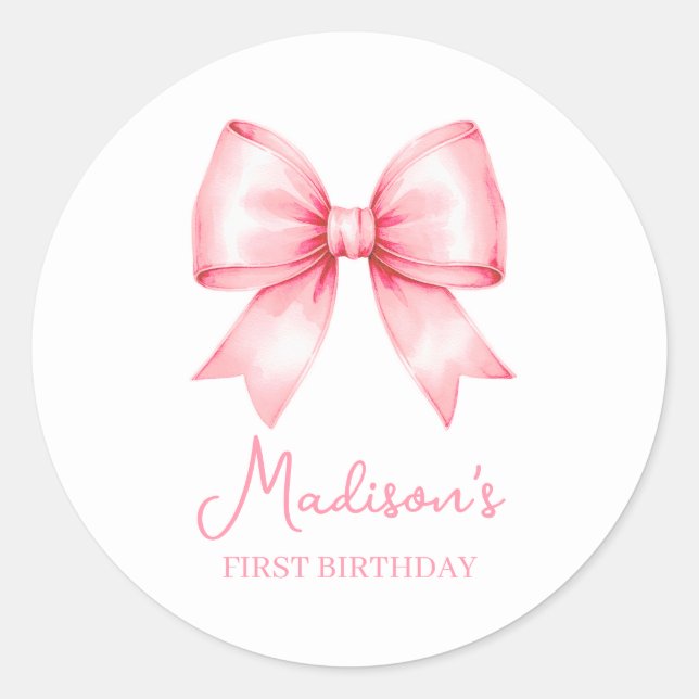 Pegatina Redonda Cute Pink Bow Girl First Birthday (Anverso)