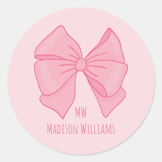 Pegatina Redonda Cute Pink Bow Girl's Monogram and Name (Anverso)