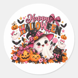 Pegatina Redonda Cute Pink Bow Halloween Ghost Sticker   Kawaii Wit
