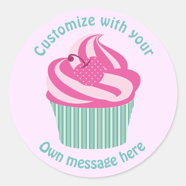 Pegatina Redonda Cute Pink Cupcake Pastel Pink Custom Text (Anverso)