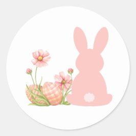 Pegatina Redonda Cute Pink Easter Bunny with Spring Flowers 