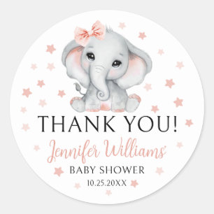 Pegatina Redonda Cute Pink Elephant Stars Baby Girl Shower Sticker