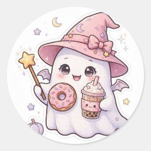 Pegatina Redonda Cute Pink Fantasma Bruja Donut Boba Halloween Stic