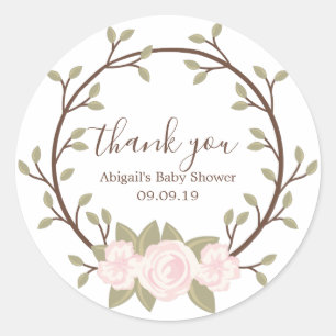 Pegatina Redonda Cute Pink Floral Wreath Baby Shower