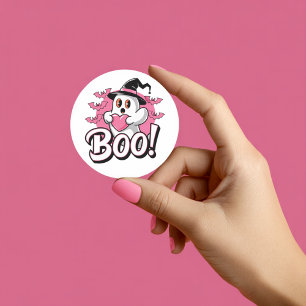 Pegatina Redonda Cute Pink Ghost Boo Sticker Halloween