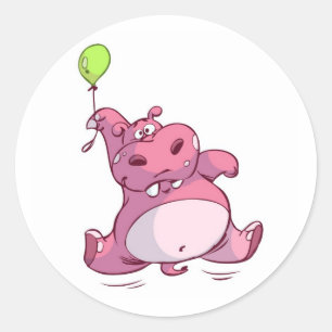 PEGATINA REDONDA CUTE PINK HIPPO EN BALLÓN