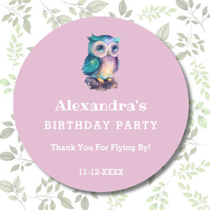 Pegatina Redonda Cute Pink Kids Owl Birthday Gracias