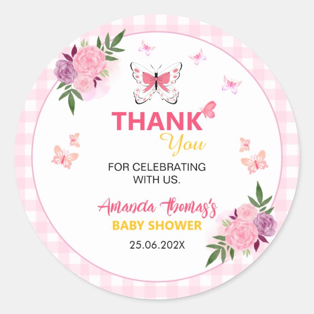 Pegatina Redonda Cute Pink Little Butterfly Baby Shower Thank You  (Anverso)