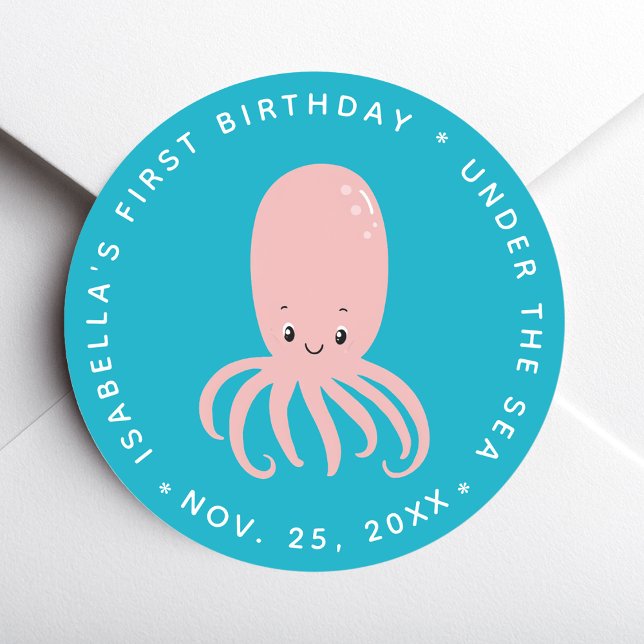 Pegatina Redonda Cute Pink Octopus Under the Sea 1st Birthday Blue (Subido por el creador)