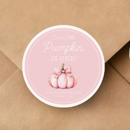 Pegatina Redonda Cute Pink Pumpkin Girl 1st Birthday