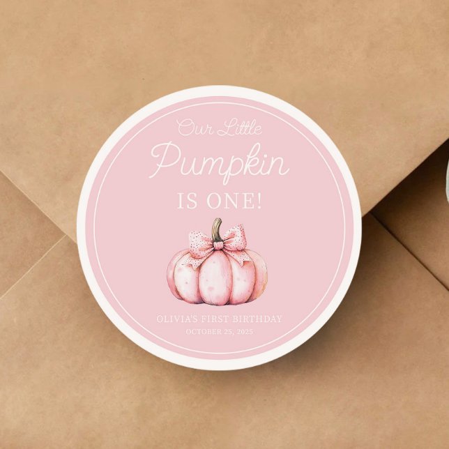 Pegatina Redonda Cute Pink Pumpkin Girl 1st Birthday (Cute Pink Pumpkin Girl 1st Birthday Classic Round Sticker)