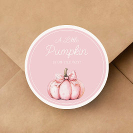 Pegatina Redonda Cute Pink Pumpkin Girl Baby Shower