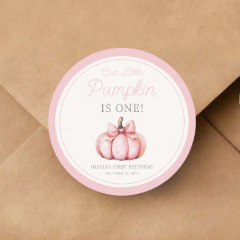 Pegatina Redonda Cute Pink Pumpkin Girl First Birthday