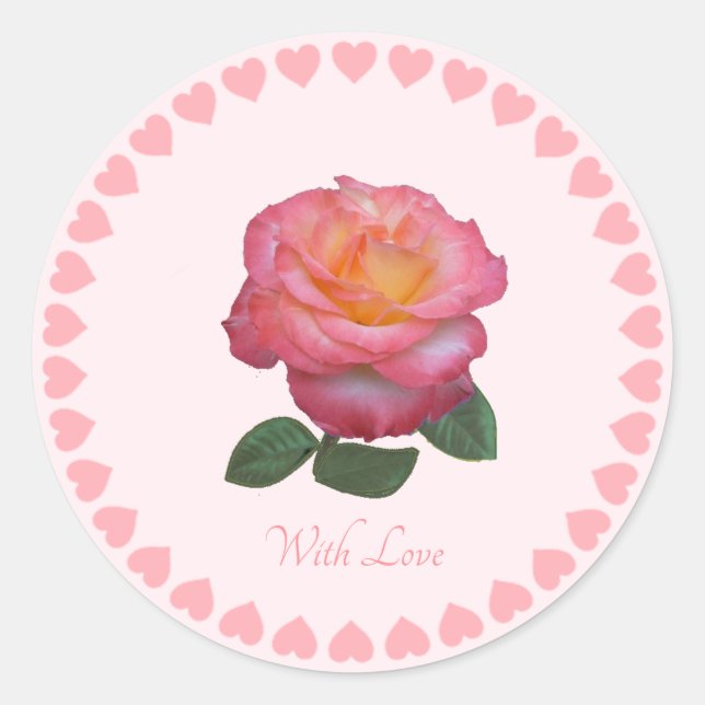 Pegatina Redonda Cute Pink Rose con Sticker de Amor (Anverso)