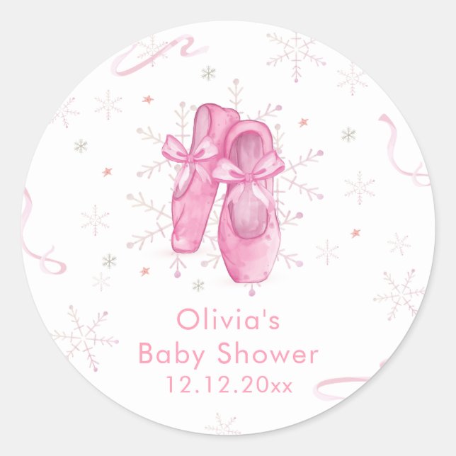 Pegatina Redonda Cute Pink Snowflake Ballerina Girl Baby Shower  (Anverso)