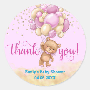 Pegatina Redonda Cute Pink Teddy Bear Balloon Agradecimiento Baby S