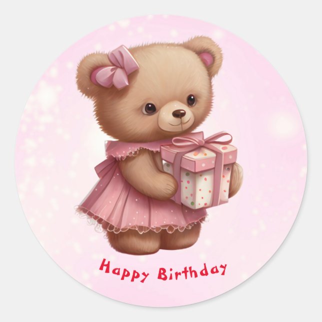 Pegatina Redonda Cute Pink Teddy Bear Cumpleaños Personalizado (Anverso)