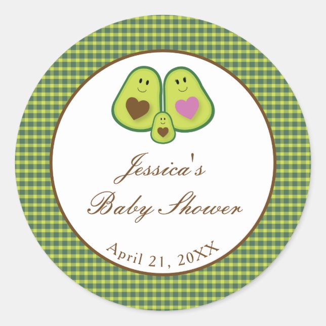 Pegatina Redonda Cute Plaid Aguacate Género Neutral Baby Shower (Anverso)