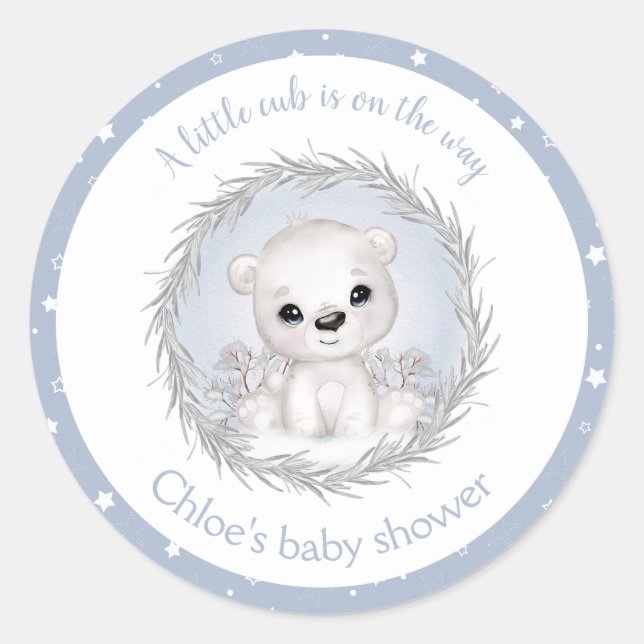 Pegatina Redonda Cute Polar Oso Azul Winter Boy Baby Shower (Anverso)
