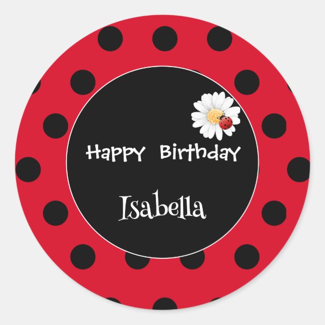 Pegatina Redonda Cute Polka dot Ladybug Daisy Flower Birday Party (Anverso)