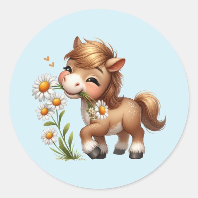 Pegatina Redonda Cute Pony Eating Daisies (Anverso)