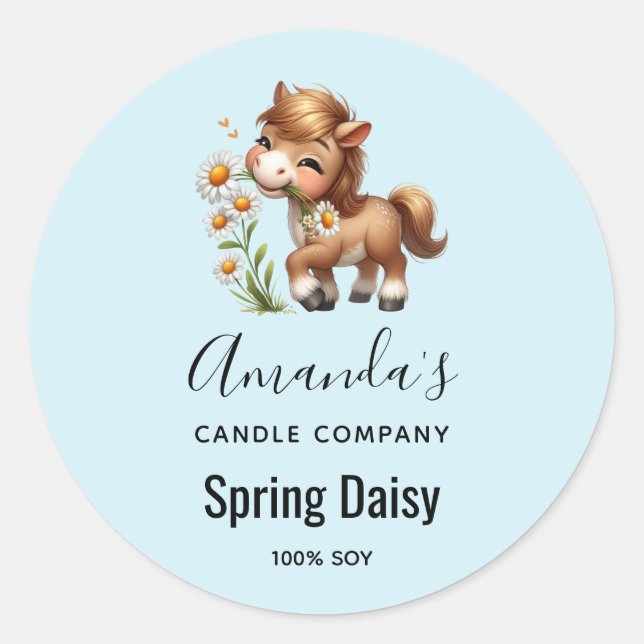 Pegatina Redonda Cute Pony Eating Daisies Candle Business (Anverso)