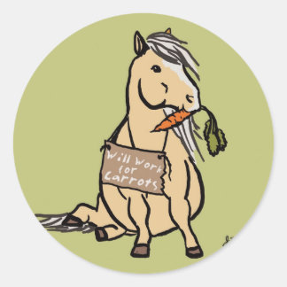 Pegatina Redonda Cute Pony Trabajará Para Las Zanahorias