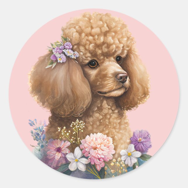 Pegatina Redonda Cute Poodle Dog Floral Rosa Girona Acuarela (Anverso)