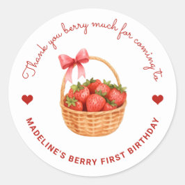 Pegatina Redonda Cute Preppy Berry First Birthday Strawberry Favor