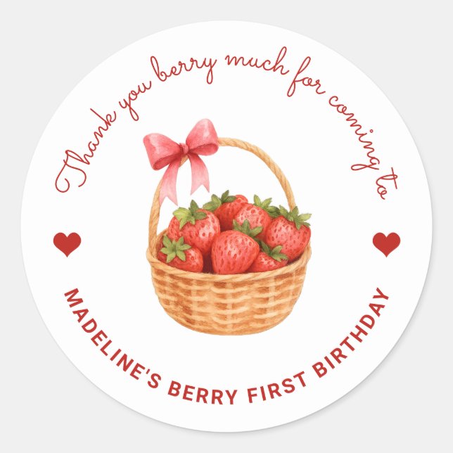 Pegatina Redonda Cute Preppy Berry First Birthday Strawberry Favor (Anverso)