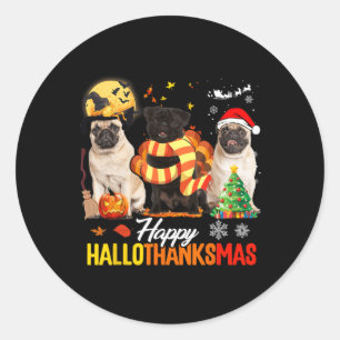 Pegatina Redonda Cute Pug Happy Hallothanksmas Halloween Thanksgivi