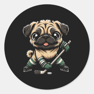 Pegatina Redonda Cute Pug Jugando Hockey sobre Hielo Diseño Perro H