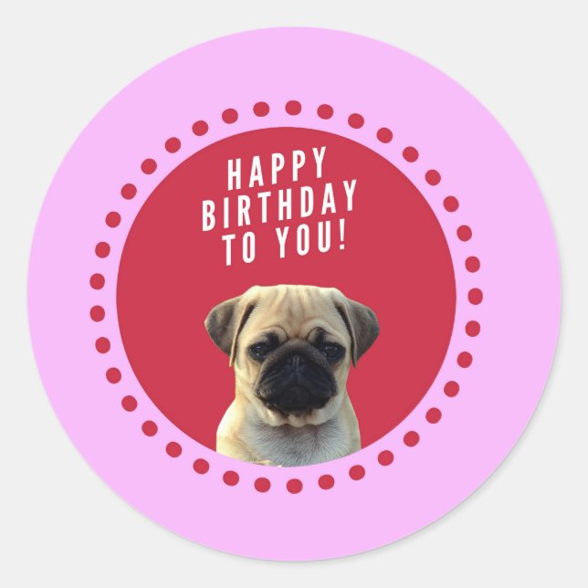 Pegatina Redonda Cute Pug Puppy Dog Feliz cumpleaños Red Dots Pink (Anverso)