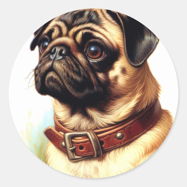 Pegatina Redonda Cute Pug Retro Pintura (Anverso)