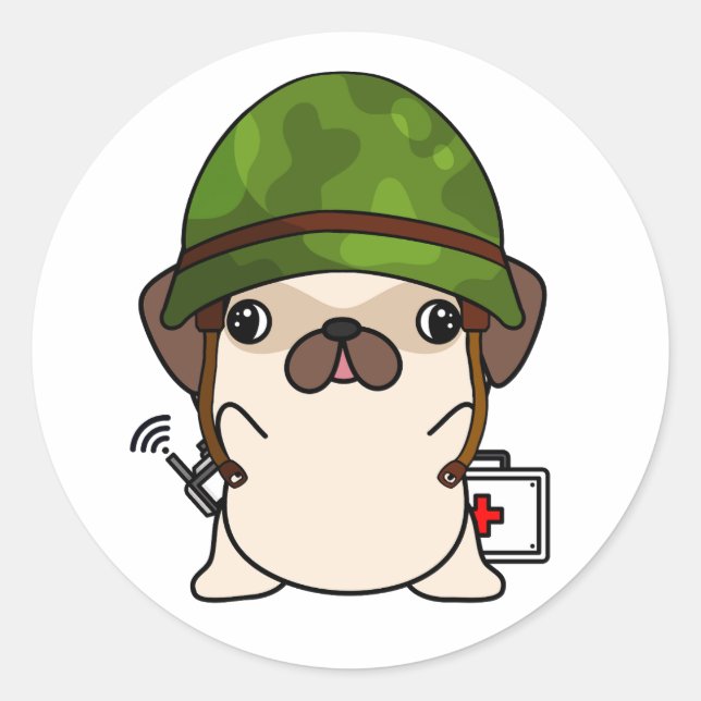 Pegatina Redonda Cute Pug Usando casco del ejército (Anverso)