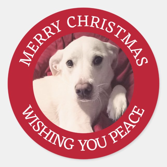 Pegatina Redonda Cute Puppy Dog Merry Christmas Peace Red (Anverso)