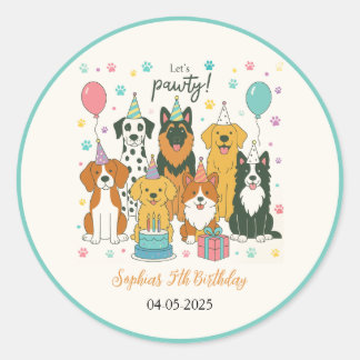 Pegatina Redonda Cute Puppy Dogs Boy 5th Birthday Party