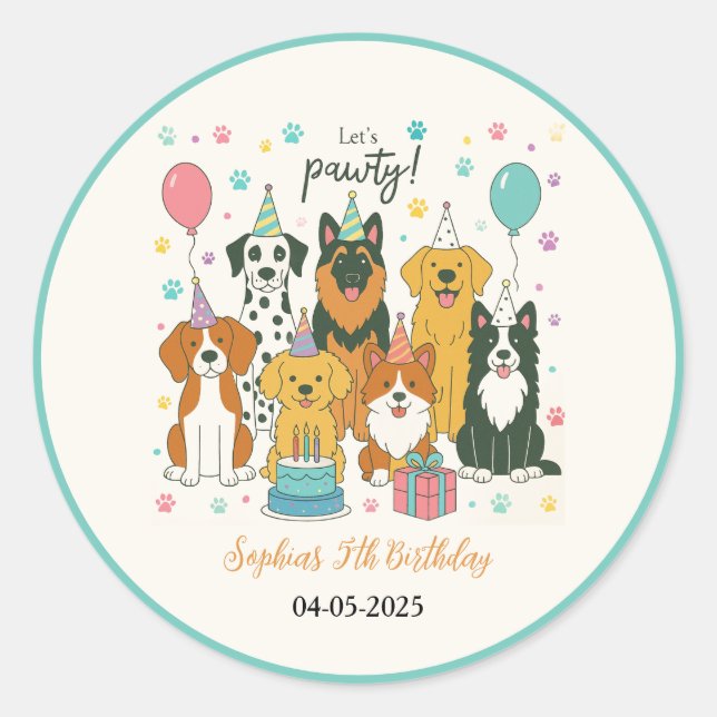Pegatina Redonda Cute Puppy Dogs Boy 5th Birthday Party (Anverso)