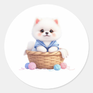 Pegatina Redonda Cute Puppy in Basket Sticker