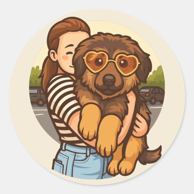 Pegatina Redonda Cute Puppy with Heart Sunglasses  (Anverso)