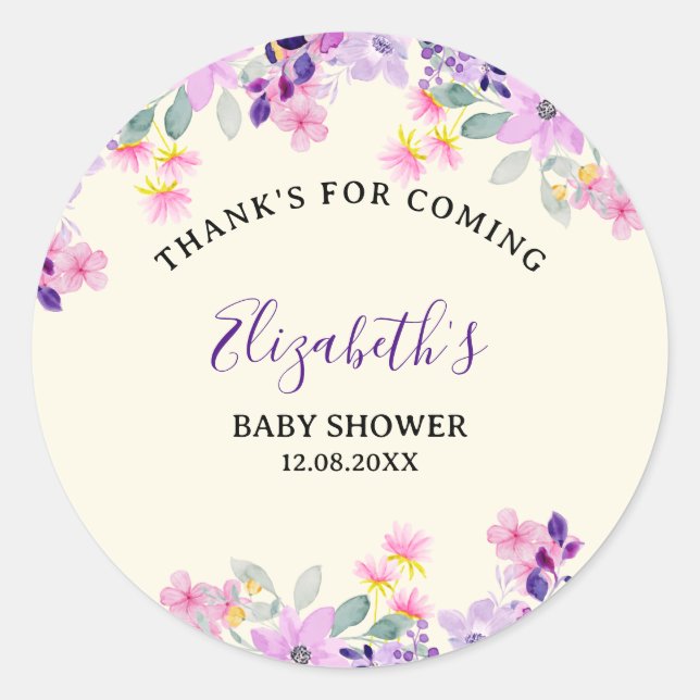 Pegatina Redonda Cute Purple and Pink Spring Flowers (Anverso)