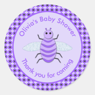 Pegatina Redonda Cute Purple Baby Bee Sexo Neutral Baby Shower