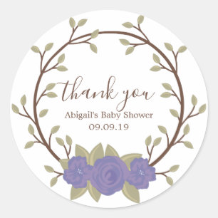 Pegatina Redonda Cute Purple Floral Wreath Baby Shower
