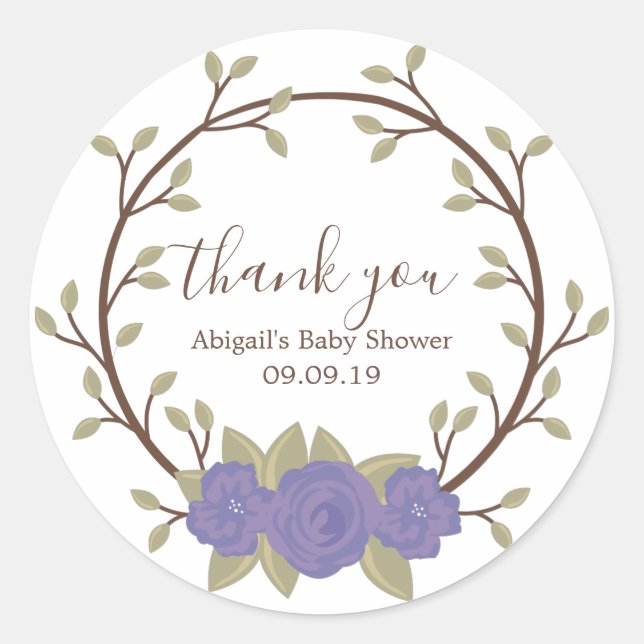 Pegatina Redonda Cute Purple Floral Wreath Baby Shower (Anverso)