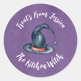 Pegatina Redonda Cute Purple Kitchen Witch Halloween Baking Treats