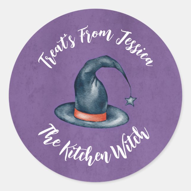 Pegatina Redonda Cute Purple Kitchen Witch Halloween Baking Treats (Anverso)