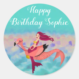 Pegatina Redonda Cute Purple Mermaid Flamingo Feliz cumpleaños